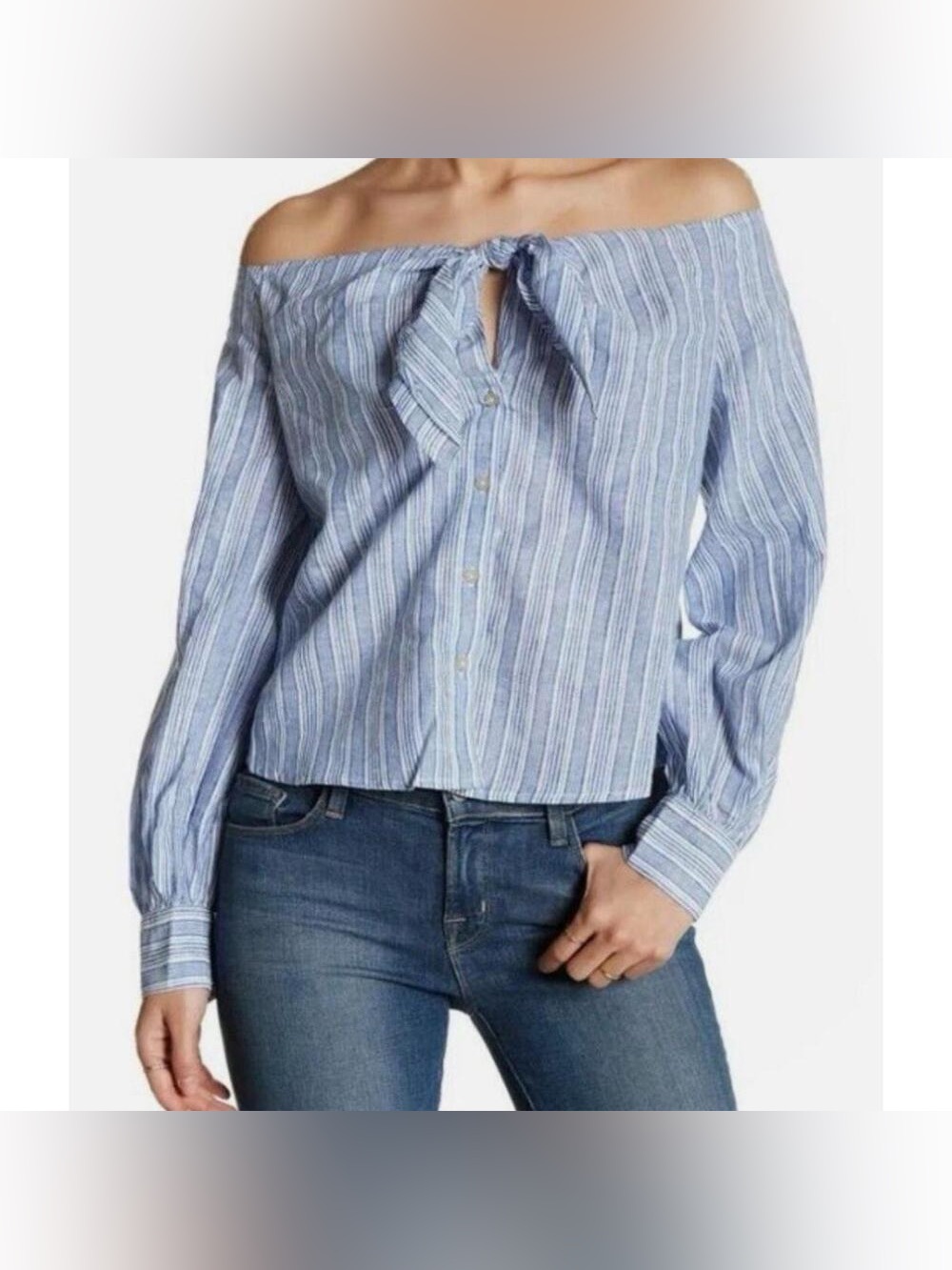 FREE PEOPLE Hello There Beautiful Off The Shoulder Riviera Blue Top Shirt NWT